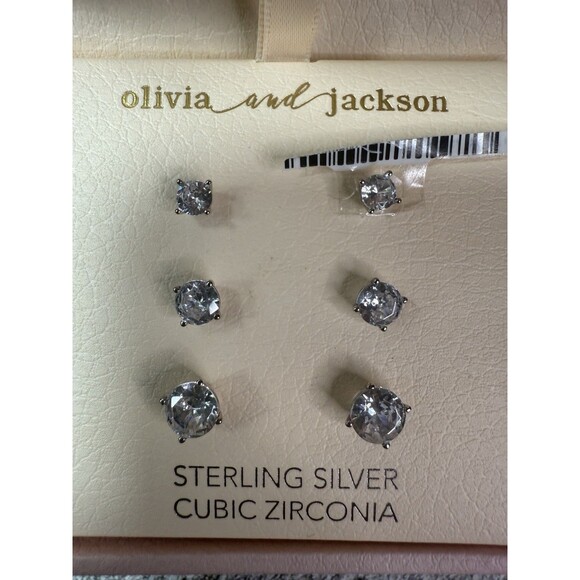 NIB Olivia And Jackson Sterling Silver Cubic Zirconia Studs 3 Earrings Set - Picture 3 of 8